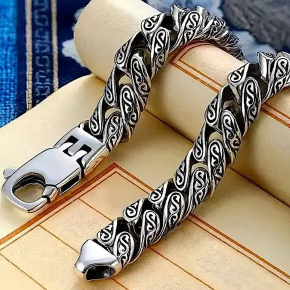 Stainless Steel Chain Link Bracelet, Mantra, Curb Hand Woven Engraved - Picture 2 of 4